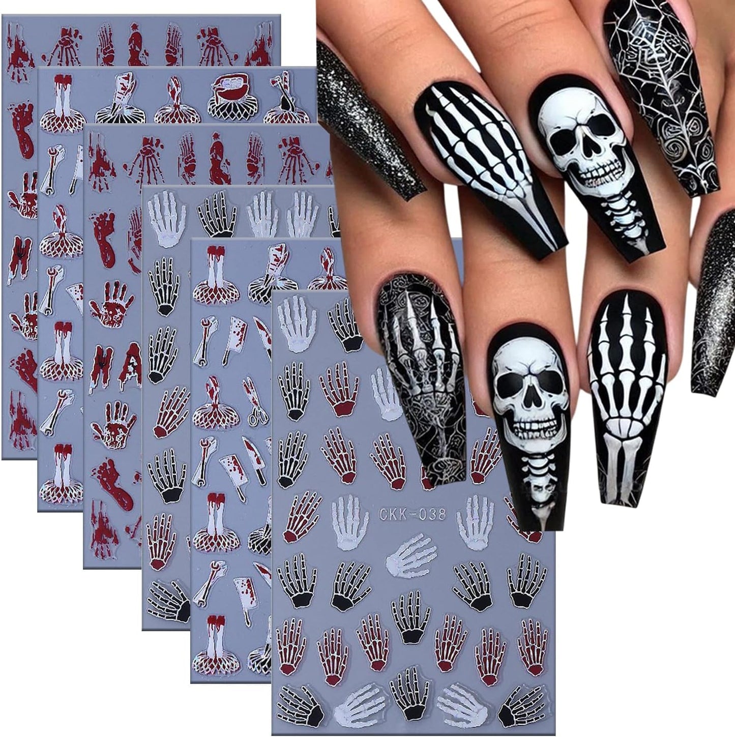 6 Sheets Halloween Nail Art Stickers 3D Self -Adhesive Bloods Hand Skeleton Nail Decals Holographic Blood Knives Nail Stickers Halloween Nail Decoration for Women Manicure Supplies-Velvo Beauty