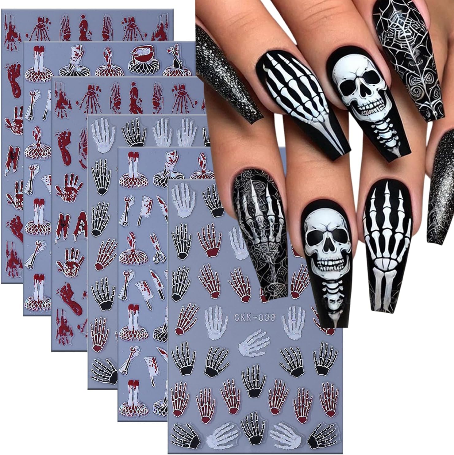 6 Sheets Halloween Nail Art Stickers 3D Self -Adhesive Bloods Hand Skeleton Nail Decals Holographic Blood Knives Nail Stickers Halloween Nail Decoration for Women Manicure Supplies-Velvo Beauty