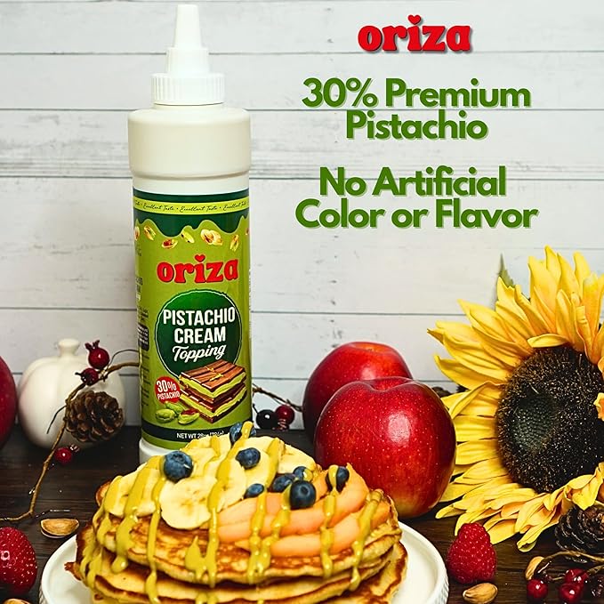 Oriza Pistachio Cream Topping, 28oz Bottle – Premium Pistachio Spread with 30% Pistachios, Palm Oil Free, Non-GMO, Natural Color – Dessert, Latte & Baking Cream-Velvo Beauty