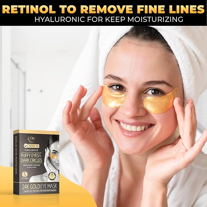 24k Gold Eye Mask - Under Eye Patches for Dark Circles, Puffiness, and Wrinkles - 20 Gold Eye Patches for Puffy Eyes with Collagen and Amino Acids for Intense Hydration and Firming-Velvo Beauty