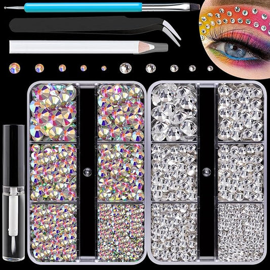 Colorful Face Gems for Makeup Set, Flatback Gorgeous Charming AB Glass Gem+Clear Glass Gem with Makeup Glue+Picker Pencil+Tweezer+Dual-End Dotting Tool for Eye Body Hair Make-up and Nail Art Deco-Velvo Beauty