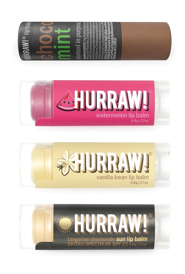 Hurraw! Lip Balms: Staff Favorites, 4 Balm Bundle Pack – Chocolate Mint, Watermelon, Vanilla Bean and Sun (SPF 15): Organic, Certified Vegan. 100% Natural Ingredients. Bee, Shea, Soy and Palm Free.-Velvo Beauty