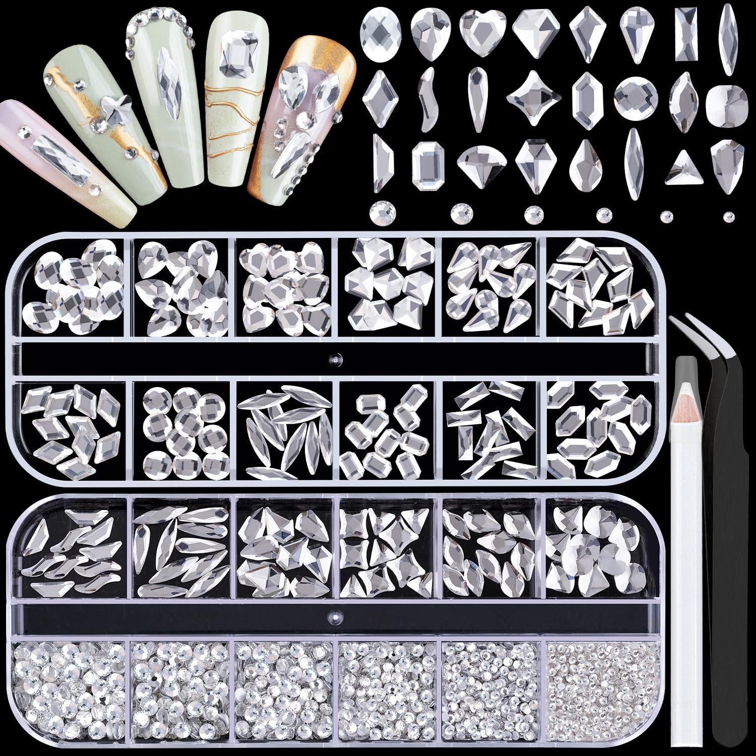 1680Pcs Silver Clear Nail Rhinestones 180Pcs Multi Shapes Glass Flatback Nail Gems + 1500Pcs 1.5-4mm Round Crystal, Manicure Nail Charms Diamond Gemstones for Acrylic Nails Decoration-Velvo Beauty