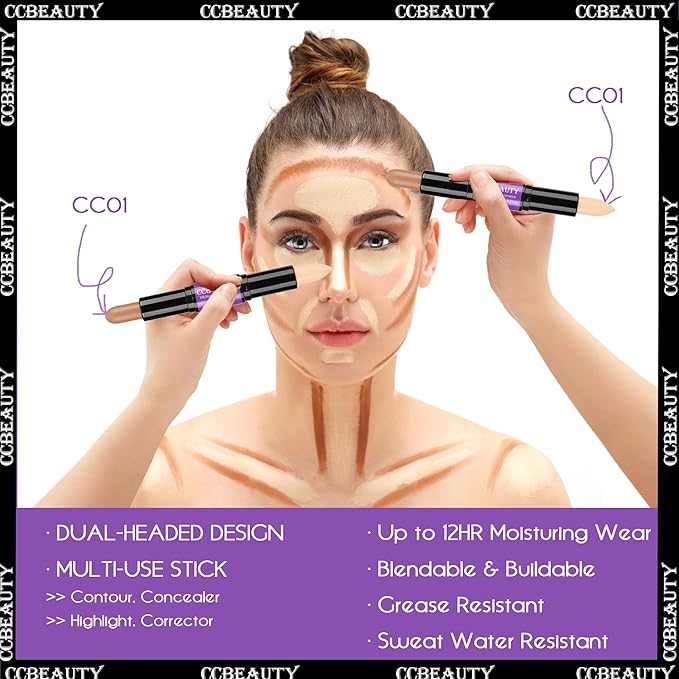 CCbeauty 2pcs 2-IN-1 Matte Contour Highlighter Stick with Blush,Cream Dual-End Highlight Bronzer Concealer & Blusher for Cheeks & Lip, Long Lasting Contouring for Face Shaping Makeup, Light-Medium-Velvo Beauty
