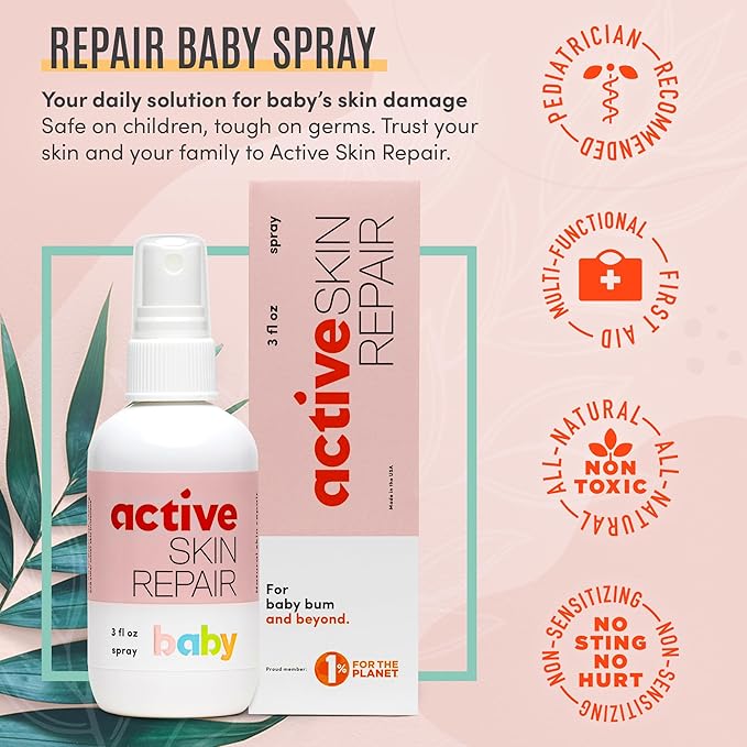 Active Skin Repair Natural, Non-Toxic, No Sting Baby Spray First Aid Safe For Use on Diaper Rash, Baby Acne, Eczema, Cuts, Wounds, Scrapes, and Other Skin Irritations (3 oz. Spray)-Velvo Beauty