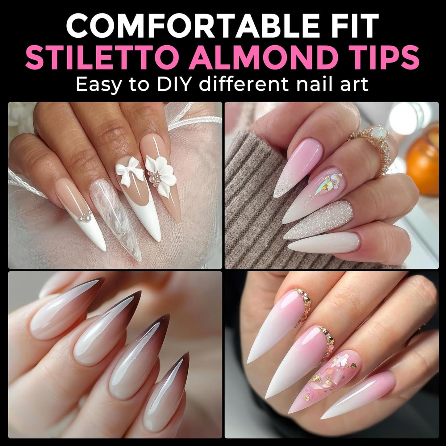 UNA GELLA Long Stiletto Gel Nail Tips: 216pcs Stiletto Almond Fake Nails Pre-Shape Long Almond Press Ons for Full Cover Acrylic French False Nails for Nail Extension Nail Art DIY Salon 12 Sizes-Velvo Beauty