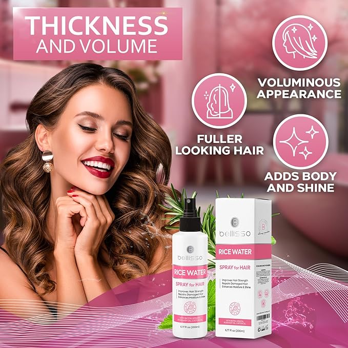 Rice Water Spray for Hair - With Rosemary, Biotin and Castor Oil - Tonic for Women and Men with Thinning Hair - Fermented Thickening Treatment to Fight Hair Fall - Daily Strengthening Leave In Formula-Velvo Beauty