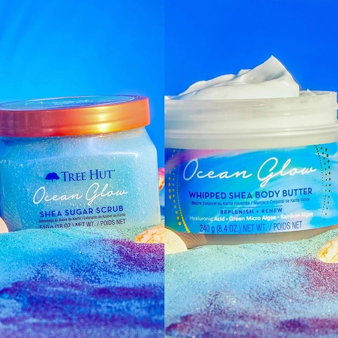 Ocean Glow Shea Sugar Scrub And Whipped Shea Body Butter Bundled With Beauty Patooty Self-Care Kit - Makeup Bag, Lip Balm, And Sleep Mask-Velvo Beauty