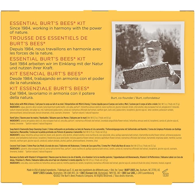 Burt's Bees Back to School Gifts Ideas, 5 Body Care College Dorm Products, Everyday Essentials Set - Original Beeswax Lip Balm, Deep Cleansing Cream, Hand Salve, Body Lotion & Foot Cream, Travel Size-Velvo Beauty