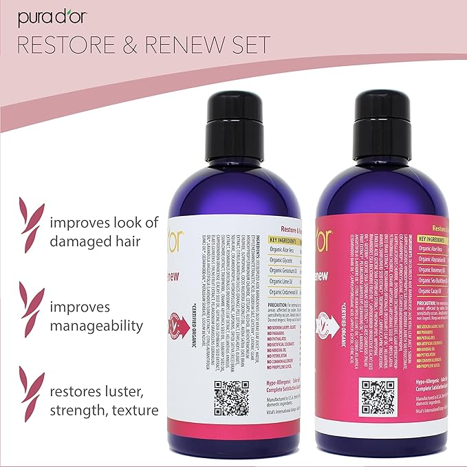 PURA D'OR Restore & Renew Shampoo and Conditioner Set for Strong, Healthy, and Nourished Hair with Organic Aloe Vera, Rosemary, Sea Buckthorn, Cacay, Coconut, Seaberry & Cedarwood-Velvo Beauty