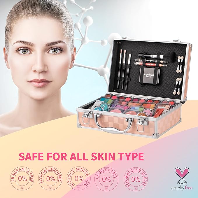 Hot Sugar Makeup Kit for Teenager Girls - Full Starter Cosmetics Set with Eye Shadow Lip Balm Blush Lip Gloss Brush Lip Pencil Eye Pencil and Mirror (Gold Check)-Velvo Beauty