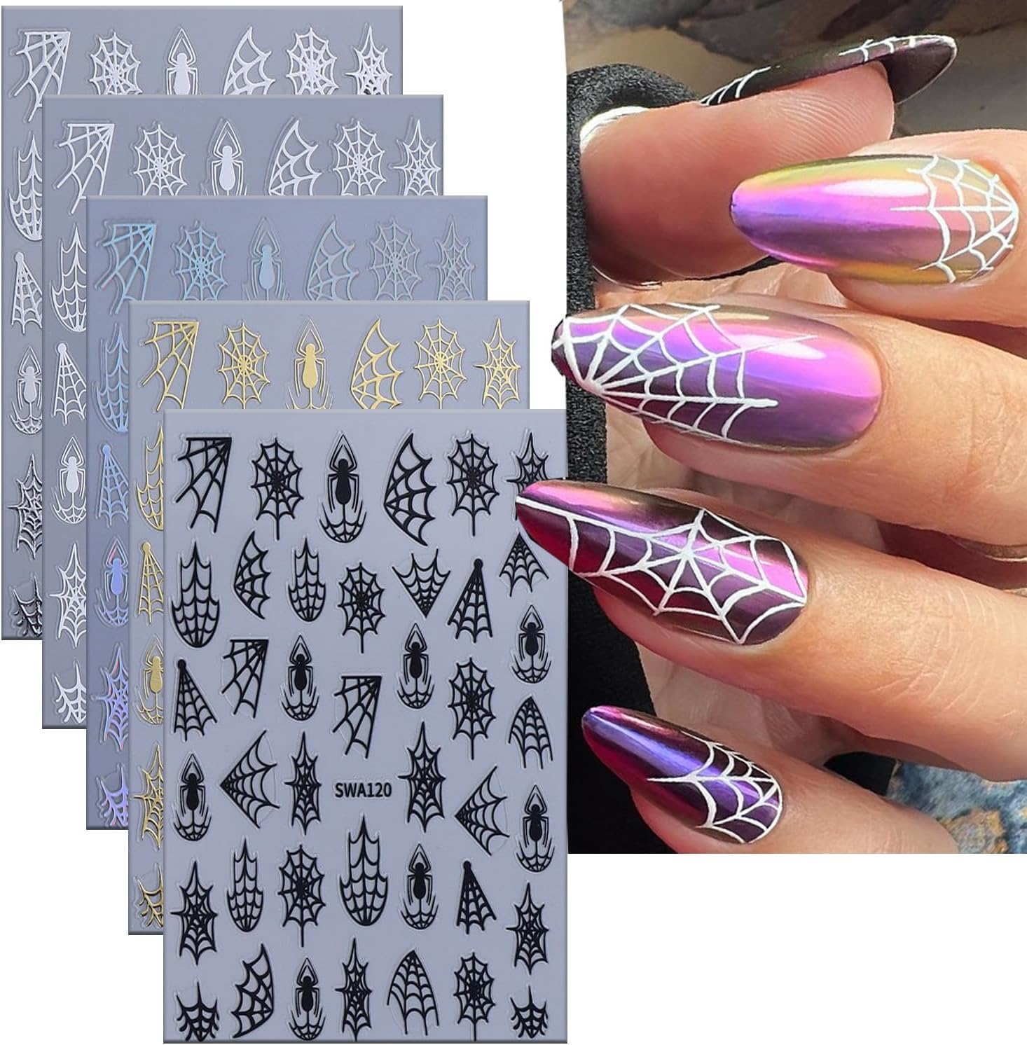 6 Sheets Halloween Spider Web Nail Art Stickers 3D Self -Adhesive Spider Web and Spider Nail Decals Holographic Black Gold Silver Nail Stickers Halloween Nail Decoration for Women Manicure Supplies-Velvo Beauty
