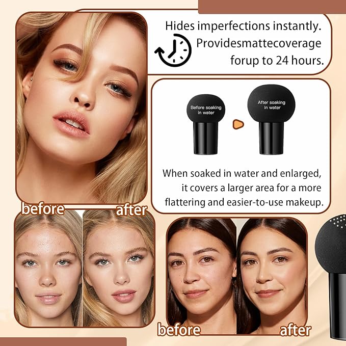 Mushroom Head Air Cushion CC Cream Foundation Makeup,Moisturizing Non-Greasy BB Cream Foundation,Long Lasting Matte Concealer Full Coverage Face Makeup Liquid Foundation for All Skin Types(Natural)-Velvo Beauty