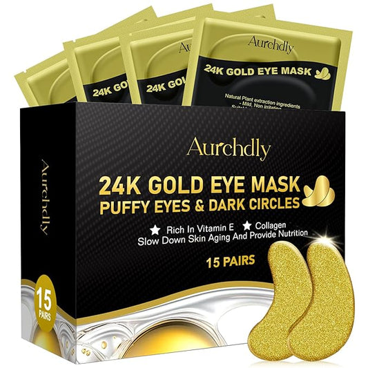 Under Eye Patches(15 Pairs), 24K Gold Eye Mask for Dark Circles, Puffy Eyes and Wrinkles, with Hyaluronic Acid & Collagen-Velvo Beauty