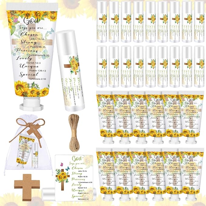 144 Pcs Christian Lip Balm Hand Cream Set Party Favors, Include 36 Bible Lip Balm 36 Moisturizing Hand Cream 36 Bags 36 Cards and Ropes for Accessories Gifts (Biblical, Sunflower)-Velvo Beauty