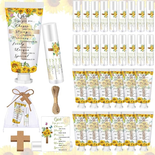 144 Pcs Christian Lip Balm Hand Cream Set Party Favors, Include 36 Bible Lip Balm 36 Moisturizing Hand Cream 36 Bags 36 Cards and Ropes for Accessories Gifts (Biblical, Sunflower)-Velvo Beauty