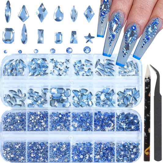 HNUIX Nail Rhinestones - 3D Multi Shape Size Crystal, Light Blue Nail Gems, Flat Back, with Kit, for Nail Art, DIY Decorations-Velvo Beauty