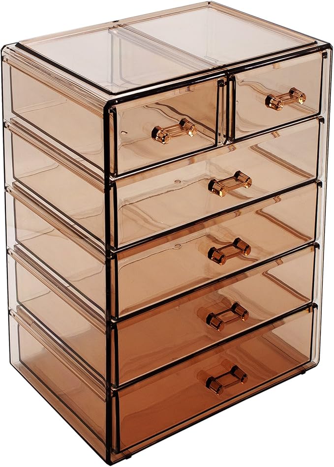 Sorbus Acrylic Clear Makeup Organizer - Big & Spacious Cosmetic Display Case - Stylish Designed Jewelry & Make Up Organizers and Storage for Vanity, Bathroom (4 Large, 2 Small Drawers) [Bronze Glow]-Velvo Beauty