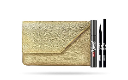 PUPA Milano Vamp! All In One And Skinny Liner Set - Volume Mascara And Ultra-Slim Eyeliner Pen - Naturally Formulated To Lengthen And Strengthen Lashes - Beautiful Gold Handbag - 3 Pc Mascara Kit-Velvo Beauty