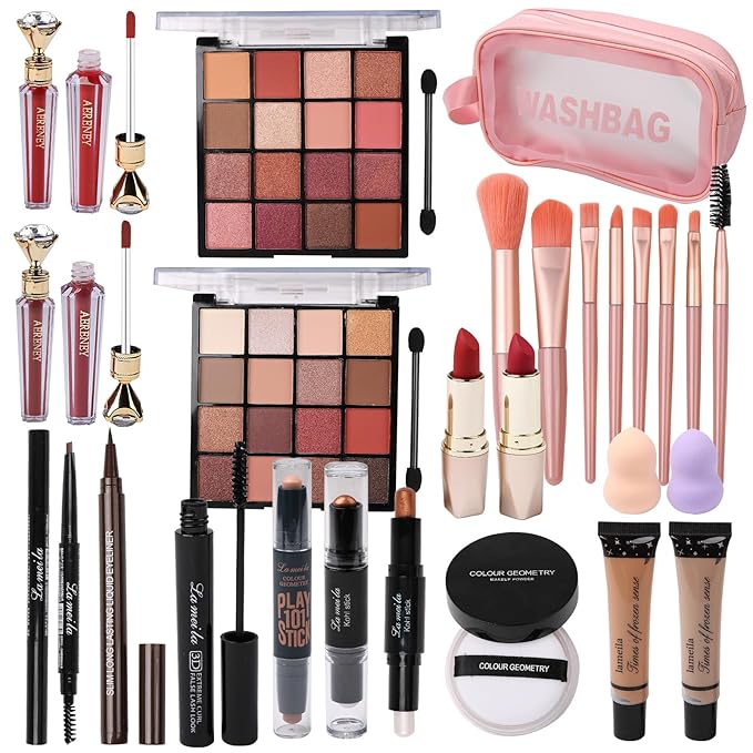 All in One Makeup Kit For Women Girls Teens 2x16 Colors Eyeshadow Palette Liquid Foundation Eyeliner Pencils Contouring Stick Lip Gloss Eyebrow Pencils Mascara Powder Puff Makeup Brushes Makeup sets-Velvo Beauty