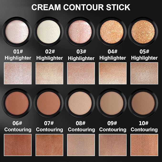 2Pcs Cream Contour Stick Makeup Kit, Cream Highlighter Stick and Bronzer Contour Stick with Longwear Waterproof Formula for Brightening and Trimming the Cheeks, Makeup Brush Include (#05, 10)-Velvo Beauty