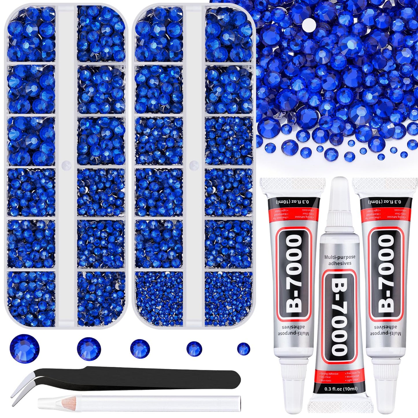 Resin Rhinestones for Crafting with B7000 Jewelry Glue, 2 Boxes Blue Rhinestones Flatback Crystals with 3Pcs 10ml Glue for Bedazzling Crafts DIY Nail Art Makeup, Gems for Clothing Shoes-Velvo Beauty