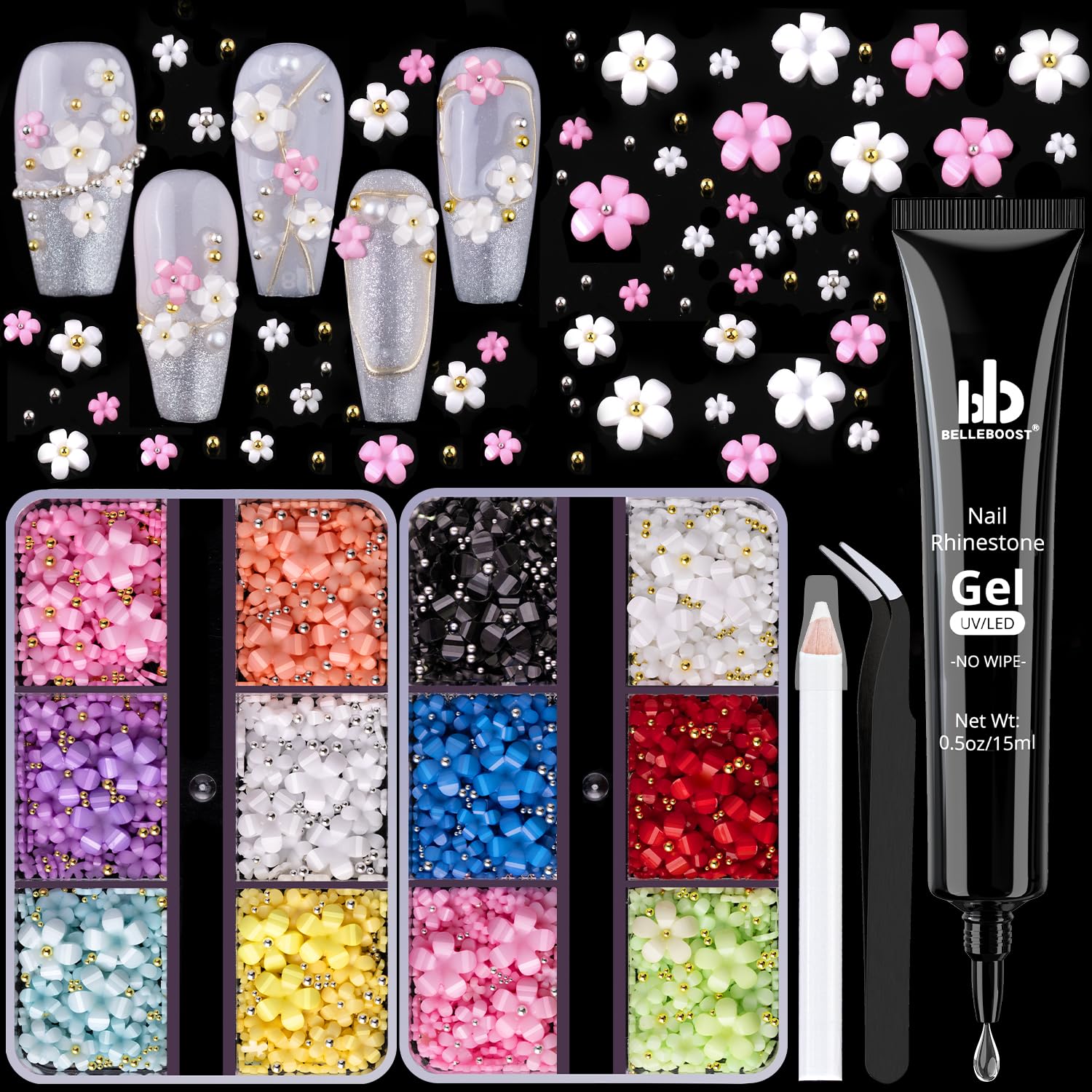 3D Flowers, Manicure Kit with Gel Glue, Colorful Acrylic Flower Nail Charms & Caviar Beads, Rhinestones & Gem Glue (UV/LED Needed) with Pickup & Dotting Tools-Velvo Beauty