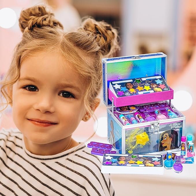 Disney Wish - Townley Girl Train Case Cosmetic Makeup Set Includes Lip Gloss, Eye Shimmer, Brush, Nail Polish, Accessories & more! for Girls, Ages 3+ perfect for Parties, Sleepovers & Makeovers-Velvo Beauty