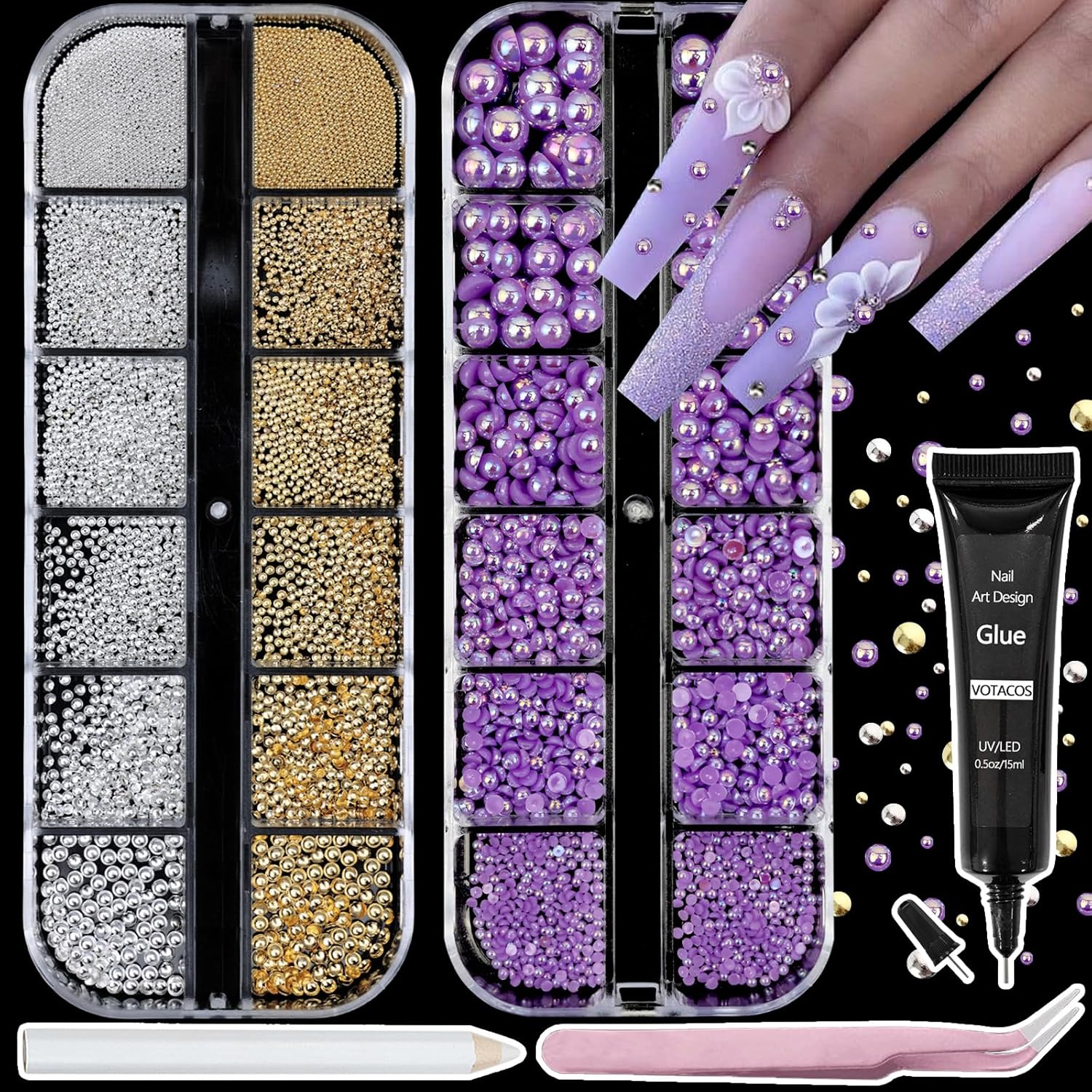 Nail Art Pearls with Rhinestones Glue Gel Flatback Pearls Nail Charms Luxurious Nails Supplies Accessories Gold Silver Gems Jewelry Pearl for Women Nails Design(Purple)-Velvo Beauty