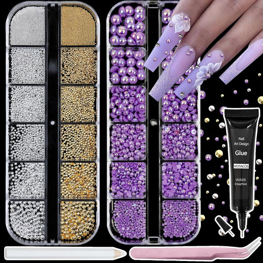 Nail Art Pearls with Rhinestones Glue Gel Flatback Pearls Nail Charms Luxurious Nails Supplies Accessories Gold Silver Gems Jewelry Pearl for Women Nails Design(Purple)-Velvo Beauty