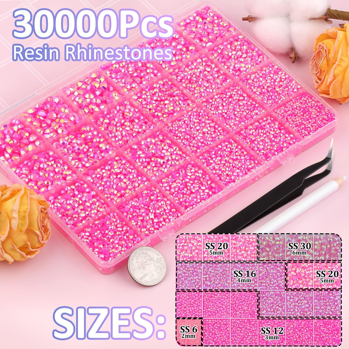 30000Pcs Hot Pink AB Rhinestones for Bedazzling with B7000 Jewelry Glue, Bedazzler Kit Flatback Gems, Resin Rhinestones for Crafting Crafts Clothing Shoes Fabric Nail Art Assorted Size 2/3/4/5/6mm-Velvo Beauty