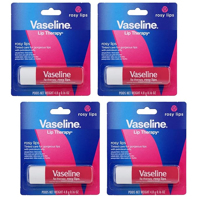 Vaseline Lip Therapy Care Rosy, Fast-Acting Nourishment, Ideal for Chapped, Dry, Cracked, or Damaged Lips, Lip Balm, 4-Pack, 0.16 Oz Each-Velvo Beauty