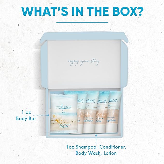 1-Shoppe All-In-Kit|Aqua Organics Amenity Kit|Boxed Hotel Toiletries|Bulk Set 1oz Travel Size Shampoo,Conditioner,Lotion,Body Wash & Bar Soap for Guest Hospitality AirBnB/Vacation Rentals|5 Pieces-Velvo Beauty