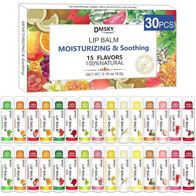 DMSKY 30 Pack Lip Balm, Natural Lip Balm Bulk with Vitamin E and Coconut Oil, Moisturizing Lip Balm for Chapped Lips-15 Flavors-Velvo Beauty