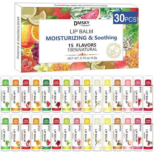 DMSKY 30 Pack Lip Balm, Natural Lip Balm Bulk with Vitamin E and Coconut Oil, Moisturizing Lip Balm for Chapped Lips-15 Flavors-Velvo Beauty