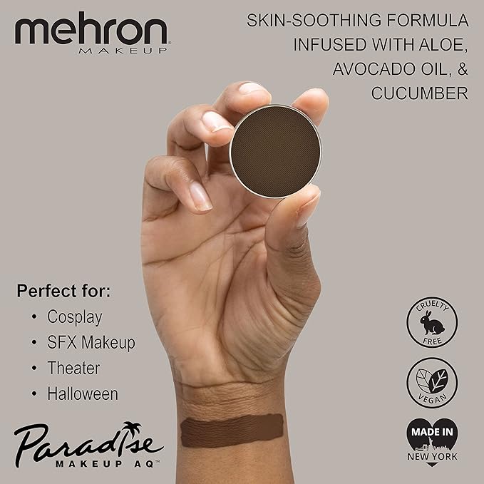 Mehron Makeup Paradise Makeup AQ Refill Size | Stage & Screen, Face & Body Painting, Cosplay, and Halloween | Water Activated Face Paint, Body Paint, Cosplay Makeup .25 oz (7 ml) (DARK BROWN)-Velvo Beauty