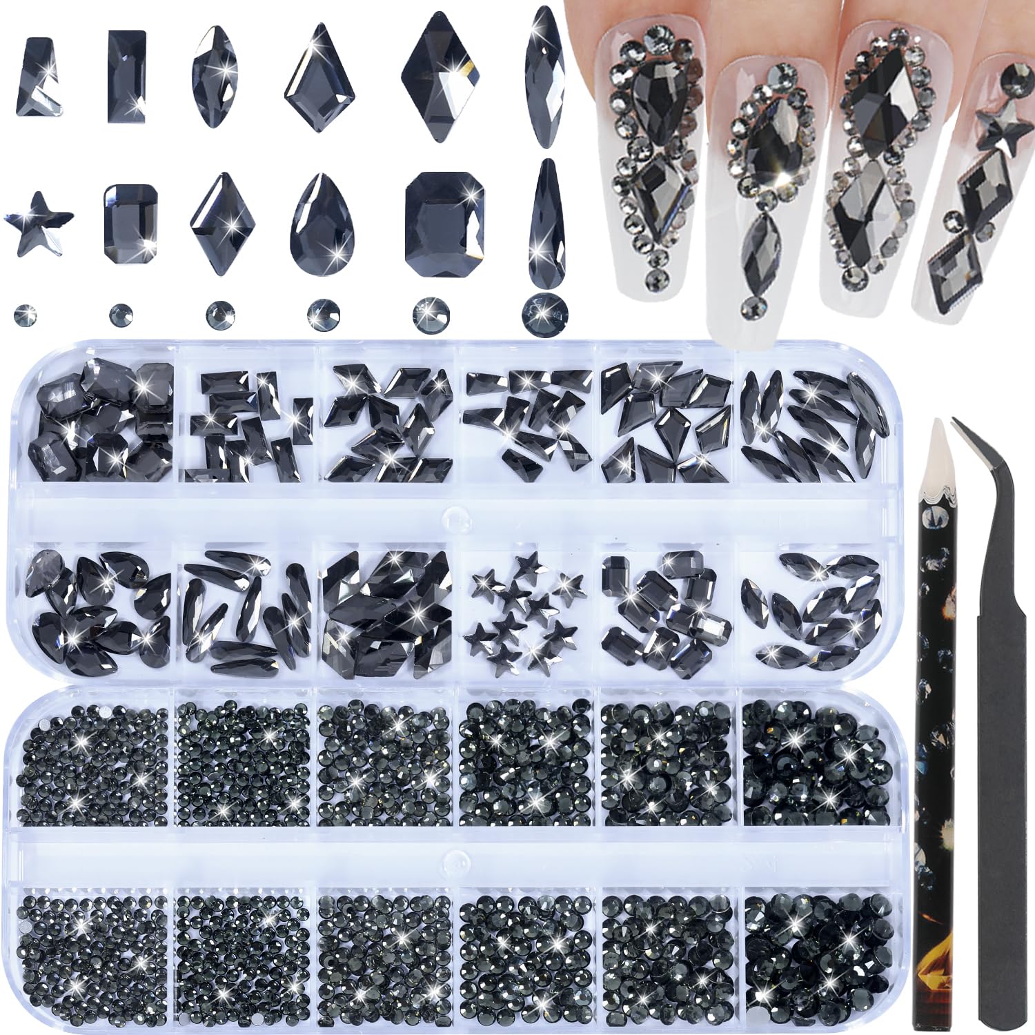 HNUIX Nail Rhinestones - 3D Multi Shape Size Crystal, Transparent Gray Nail Gems, Flat Back, with Kit, for Nail Art, DIY Decorations-Velvo Beauty