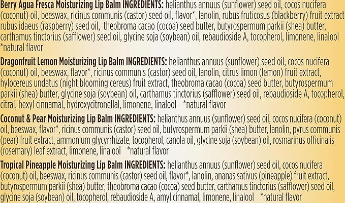 Burt's Bees Lip Balm - Berry Agua Fresca, Dragonfruit Lemon, Coconut & Pear, Tropical Pineapple Pack, With Beeswax, Tint-Free, Natural Origin Lip Treatment, 4 Tubes, 0.15 oz.-Velvo Beauty