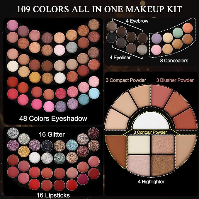 109 Colors Makeup Kit for Women Girl Full Kit Gift Set with Mirror All in One Make up Palette Included Eyeshadow Glitter Lipstick Concealer Eyeliner Eyebrow Highlighter Contour Blusher Compact PowderN-Velvo Beauty