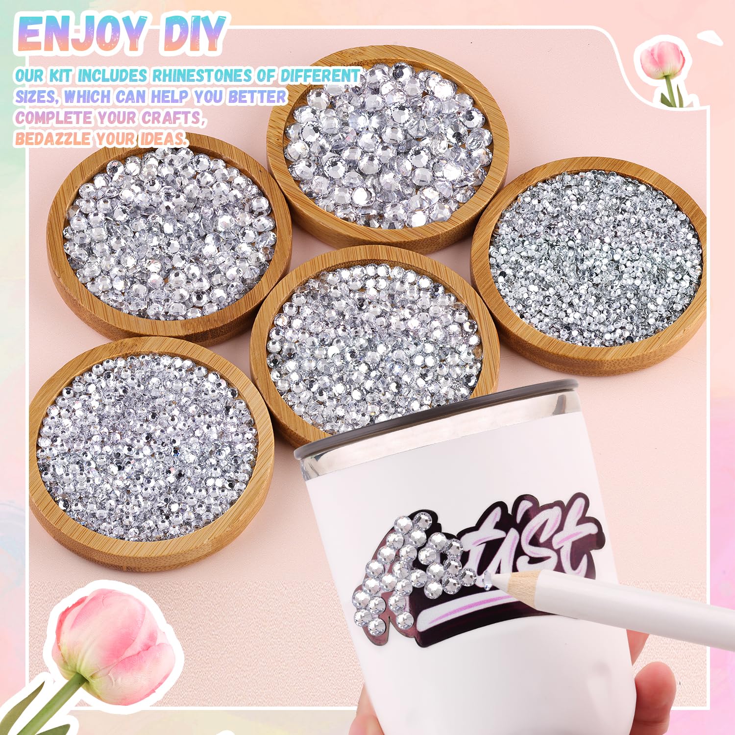 25000Pcs Resin Jelly Rhinestones with Tweezers for Crafting, 2-6mm Mixed Sizes (Clear) Non Hotfix Flatback Gems, Bedazzling Crystal for DIY Crafts Clothing Tumblers Mugs Shoes Decor Nail Art-Velvo Beauty