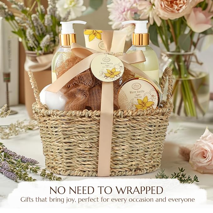 Bath and Body Warm Vanilla Sugar Spa Gifts for Women, with Shower Gel, Bubble Bath, Body Lotion, Bath Bomb, Bath Salt, Spa Basket Gift Set for Women, 7pcs Set Gifts-Velvo Beauty