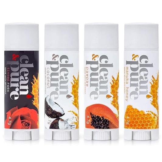 Lip Balm - Bees Knees (4 pack) | Manuka Honey Beauty Products | Vitamin E Oil | Flavored Lip Balm | Australia Made | Rose | Manuka Honey | Cocoa Butter | Manuka Oil | Coconut Oil | Papaw-Velvo Beauty