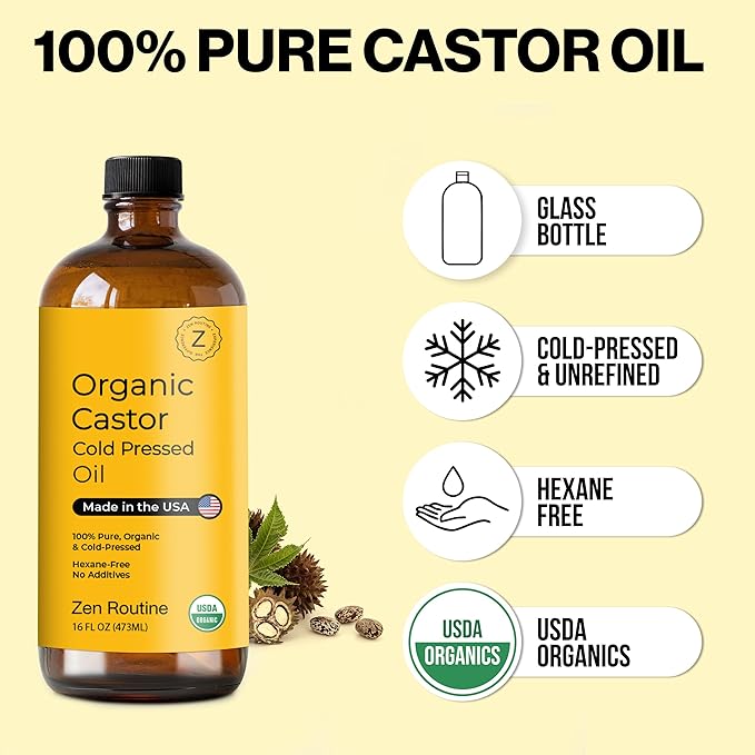 Zen Routine New (Glass Bottle) Organic Castor Oil 16oz – Hexane Free – Hair Growth Oil, Eye Lashes & Stomach, 100% Cold Pressed Unrefined Pure for Castor Pack Wrap – USDA Certified, Made in the USA-Velvo Beauty