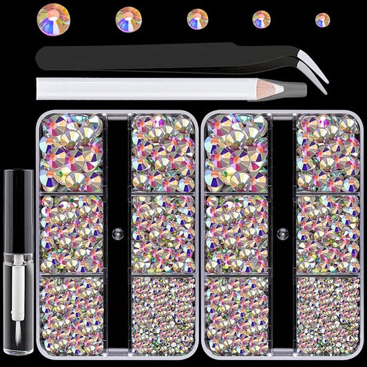 Colorful Face Gems for Makeup Set, Flatback Gorgeous Charming AB Glass Gems with Picker Pencil, Makeup Glue, Tweezer for Eye Body Hair Make-up and Nail Art Deco-Velvo Beauty