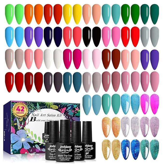 JEWHITENY 45PCS Gel Nail Polish Kit, 42 Colors 5ML Gel Polish Nude Gray Pink Blue Soak Off Glitter Nail Art Starter Kit Beauty Gifts Set for Women Girls Valentines Mother's Day Gift-Velvo Beauty