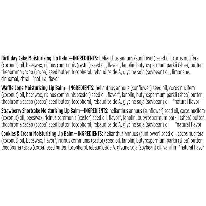 Burt's Bees Lip Balm Party Pack - Birthday Cake, Waffle Cone, Strawberry Shortcake, and Cookies & Cream, All Day Moisturizer, Tint-Free, Natural Origin Conditioning Lip Treatment, 4 Tubes, 0.15 oz.-Velvo Beauty