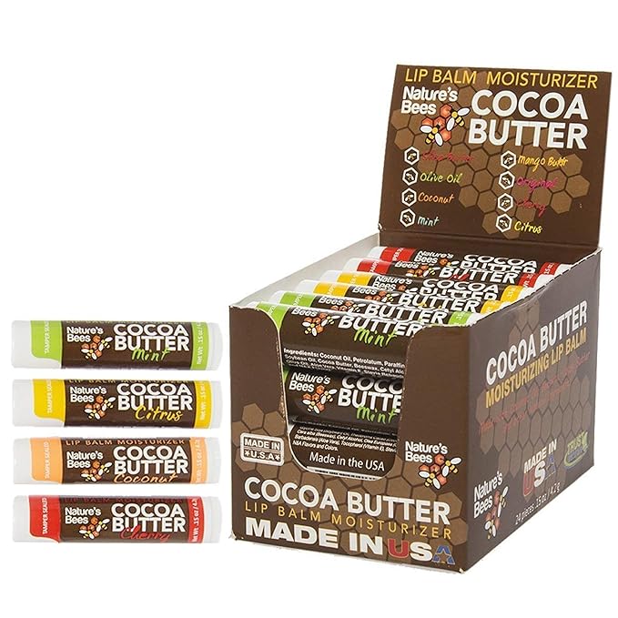 Nature's Bees - Cocoa Butter Lip Balm Moisturizer - Tropical 24 Pack, 4 Flavors - Citrus, Coconut, Cherry, & Mint - Made w/Coconut Oil, Beeswax, Vitamin E, Aloe, Shea Butter - 0.15oz (4.2g)-Velvo Beauty