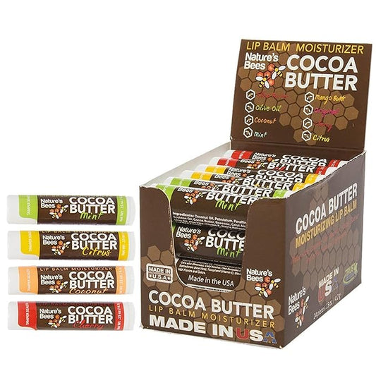 Nature's Bees - Cocoa Butter Lip Balm Moisturizer - Tropical 24 Pack, 4 Flavors - Citrus, Coconut, Cherry, & Mint - Made w/Coconut Oil, Beeswax, Vitamin E, Aloe, Shea Butter - 0.15oz (4.2g)-Velvo Beauty