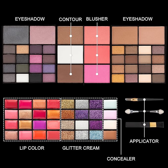 All In One Makeup Gift Kit - Ultimate Color Combination - 36 Eyeshadow, 28 Lip Gloss, 3 Blusher, 4 Concealer, 3 Contour Powder, 3 Brushes, 1 Mirror, 74 Colors Palette Set-Velvo Beauty