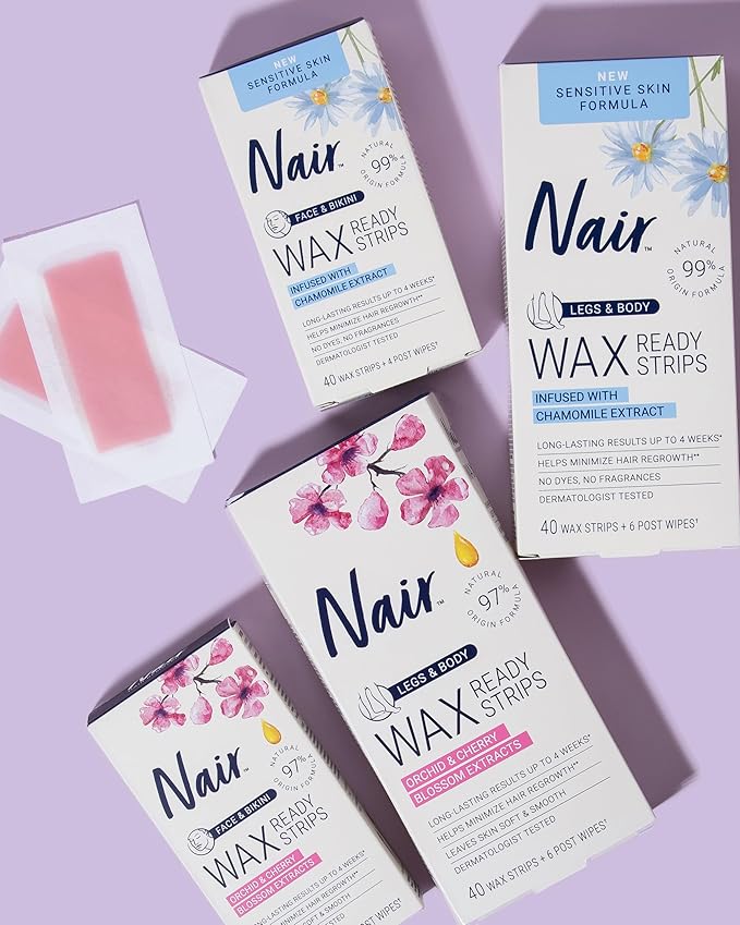 Nair Hair Remover Wax Ready Strips for Legs & Body, No Mess Waxing Kit for Hair Removal, 3-pack Wax Strips, 40ct Each Wax Kit-Velvo Beauty